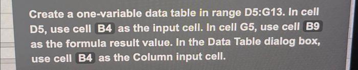 Create a one variable data table in range d5 g13